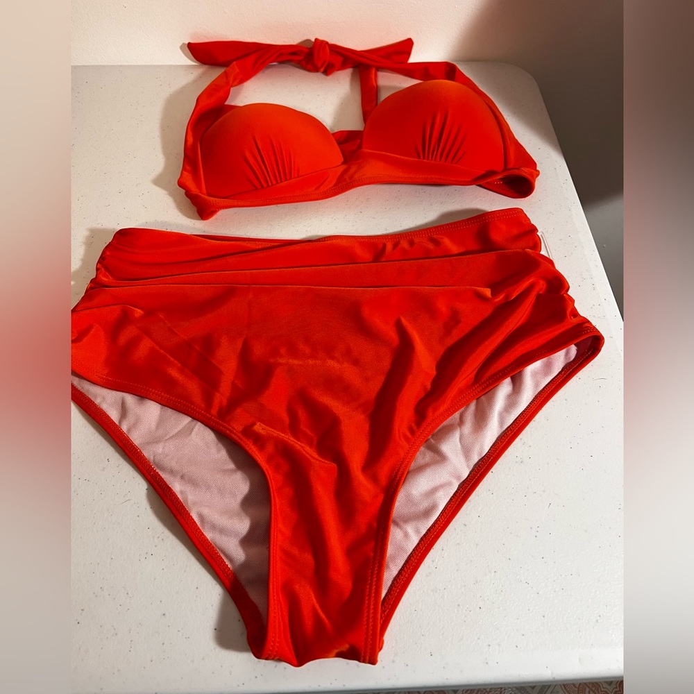 Orange two piece swimsuit bikini top and full bottoms size large